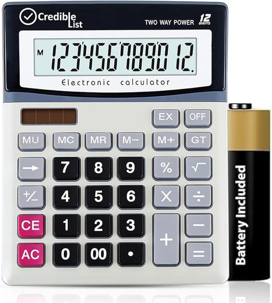 Large Calculator with 12 Digit Display, Eye-Angled Screen, Large Buttons and Dual Power Source for Home and Office Use