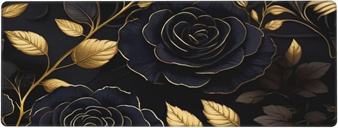 Gaming Mouse Pad, Large Non-Slip Rubber Base Mousepad, Keyboard Mouse Mat, Desk Pad with Stitched Edges, 31.5x11.8inch, Black Flower