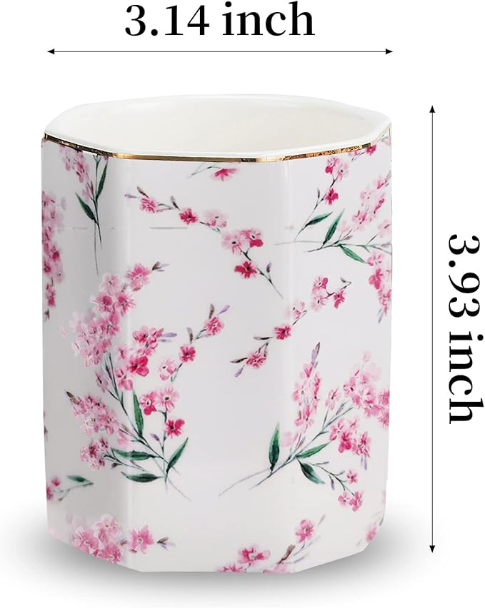 Pen Holder Stand for Desk Floral Pattern Pencil Cup for Girls Kids Durable Ceramic Desk Organizer Makeup Brush Holder for Office Classroom Home Pink Flowers