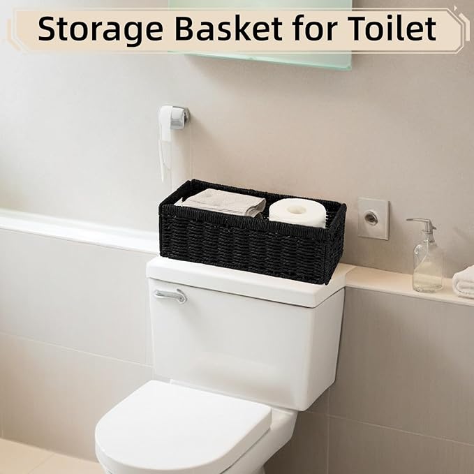 Paper Rope Storage Baskets with Handles, Wicker Storage Basket, Toilet Paper Basket for Toilet Tank Top, Bathroom Toilet Paper Storage Wicker Baskets for Organizing Shelves, 2-Pack, Black