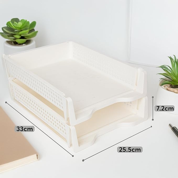 Letter Tray Desk Organizer – Stackable Paper Organizer for Home & Office, Durable Plastic Paper Tray for Desk, A4 & Letter-Size Document Holder (White)