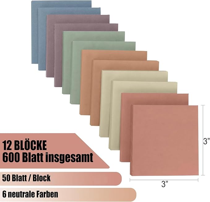 12 Pack Sticky Notes,3X3 in Vintage Colors Sticky Notes,600 Sheets Self-Stick Note Pads,Super Adhesive Memo Pads, Easy to Post Notes for Study, Works and Daily Life (3x3 inch)