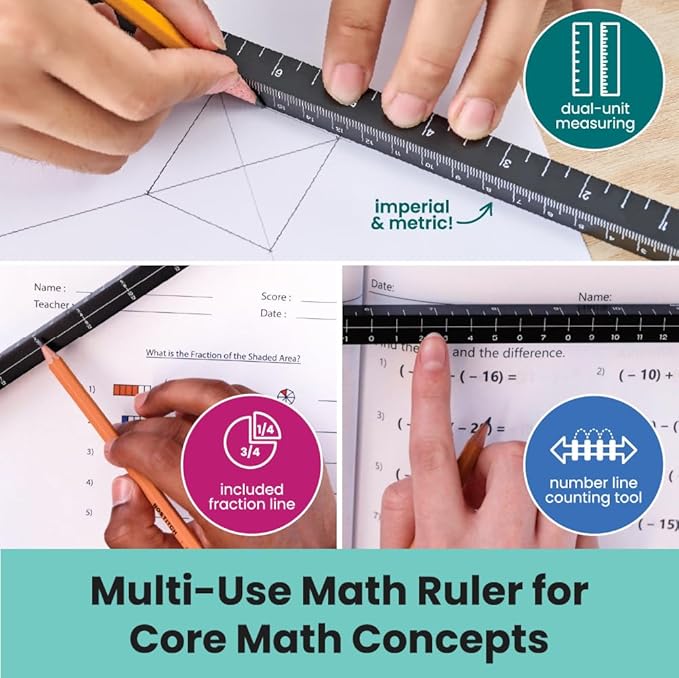 MeasureMate Learning Ruler, Four-Sided Math Tool for Students, Teaching Number Lines, Fraction Line, with Metric and Imperial, Black, 2-Pack