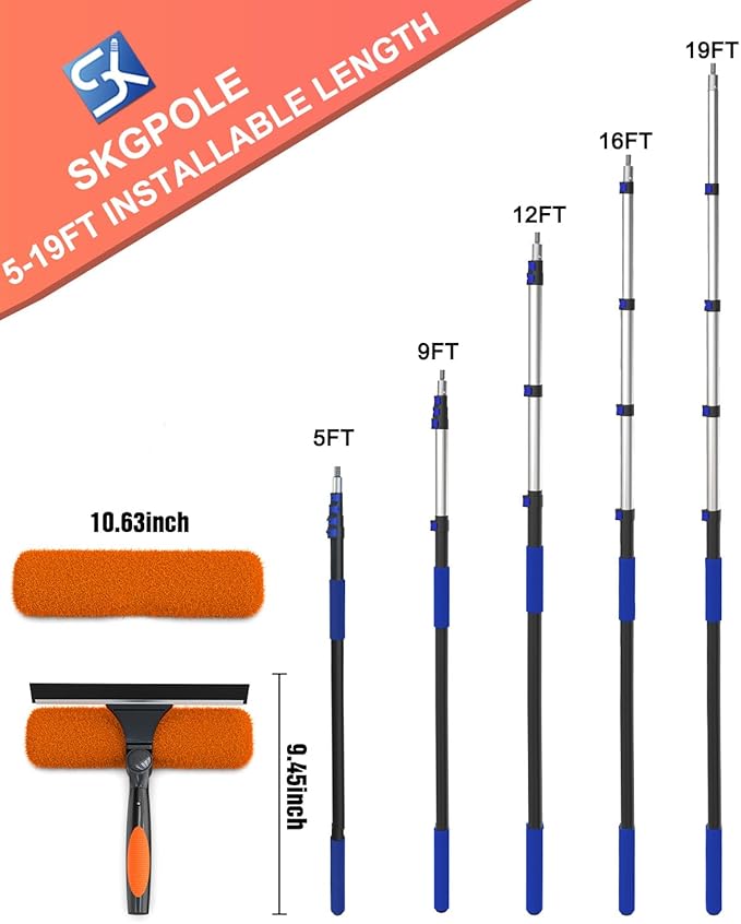 SKGPOLE 26FT Reach Window Squeegee for Window Cleaning Kit with 5-19 Foot Telescoping Extension Pole, 2 in 1 Window Squeegee, Cobweb Duster, Dust Kit Window Washing Kit for Car, Shower Glass Door