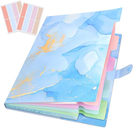 Expanding File Folder, Aesthetic Folders for School, Accordion File Organizer, Aesthetic Folder with Labels,5 Pockets Important Document Folders for School Office Home(Blue Gold)