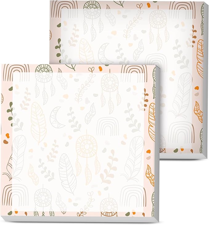 Sticky Notes, 2 Pads, 3x3 inches, Cute Colorful Fun Self-Stick Note Pads, Easy Post, Strong Adhesive Notepad Boho Pattern