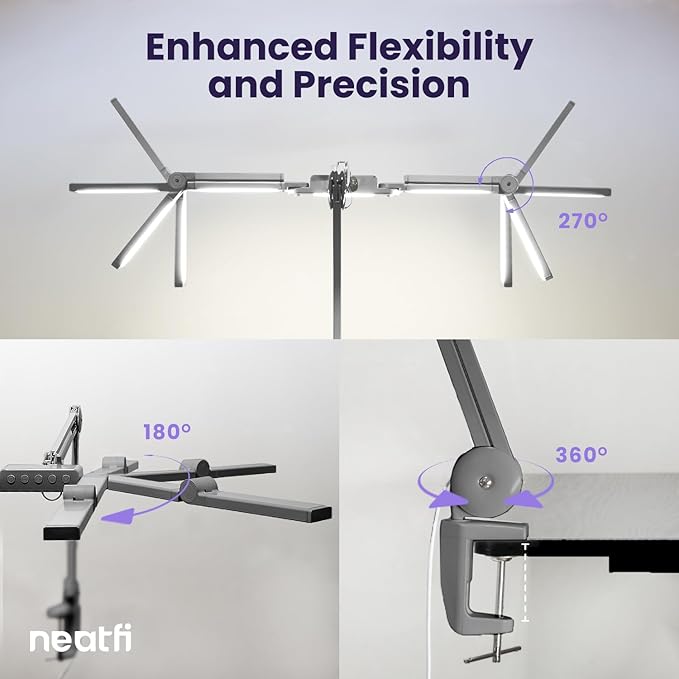 Neatfi (New Model) 3,000 Lumens LED Desk Lamp, Dimmable, 360 SMD LEDs, 30W, CRI 95, Adjustable Light Modes, Task Lamps for Home Office, Study Lamp, Desk Light Bar (CCT with Clamp, Silver, 44 Inches)