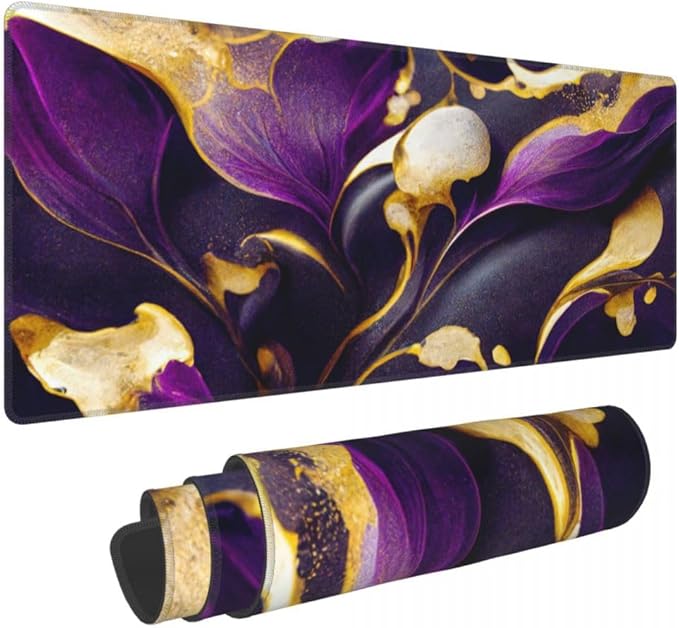 Desk Pad,Office Desk Mat 31.5"×11.8" Large Gaming Mouse Pad,Extended Computer Mouse Pad,Waterproof Thick Big Mouse Pads with Non-Slip Rubber Base Office Home Purple Gold Marble Flower