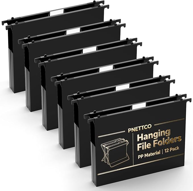 Extra Capacity Plastic Hanging File Folders,12 Pack Reinforced Hang Folder, Heavy Duty 1 Inch Expansion, Filing Cabinet Folders Letter Size for Bulk Files/Medical Charts, Black