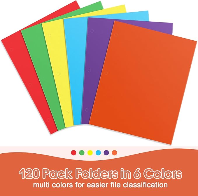 Folders with Pockets, 120 Pack Assorted Colors, 3 Hole Punched with Business Card Slot, Letter Size File Folders for School, Office, Home