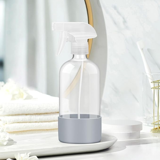 Glass Spray Bottles with Silicone Sleeve Protection, Empty 16 oz Refillable Containers, Reusable Spray Bottles with Adjustable Nozzle for Hair, Cleaning Solutions, 3 Pack Grey