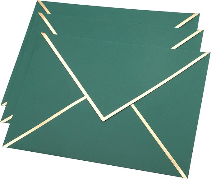 A7 Envelopes - V Flap Foil Border Luxury Mailing Envelopes for 5" x 7" Cards - for Wedding, Invitations, Baby Shower, Photos, Graduation, Birthday, Bridal Shower - 5.25" x 7.25" (Dark Green, 25 Pack)
