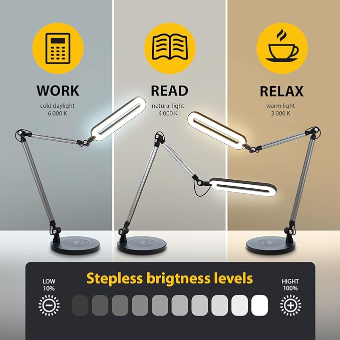 OTUS Desk Lamps for Home Office with Wireless Charger | 3 Color & 12 Brightness Levels | Tall Architect LED Desk Lamp Adjustable Swing Arm | Eye Care Light for Reading, Study, Drafting, Video Calls
