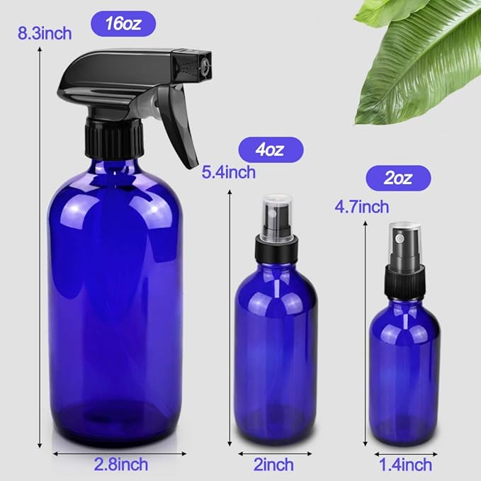 Glass Spray Bottles, 16oz*2+4oz*2+2oz*4 Refillable Containers, Empty Boston Round Bottles with Adjustable Nozzle for Cleaning, Gardening, Aromatherapy, Pets, Plant, Hair - Blue