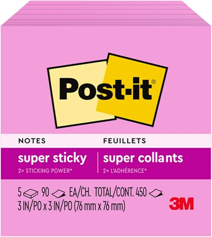 Post-it Super Sticky Notes, 5 Sticky Note Pads, 3 x 3 in., School Supplies, Office Products, Sticky Notes for Vertical Surfaces, Monitors, Walls and Windows, Tropical Pink