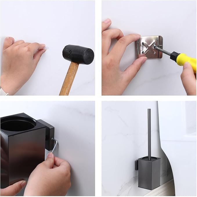 LSWYYP Toilet Bowl Brush and Holder Square,Stainless Steel Square Wall Mounted Toilet Bowl Brush with Lid,Cleaning Toilet Brush Set for Bathroom, Brushed Silver