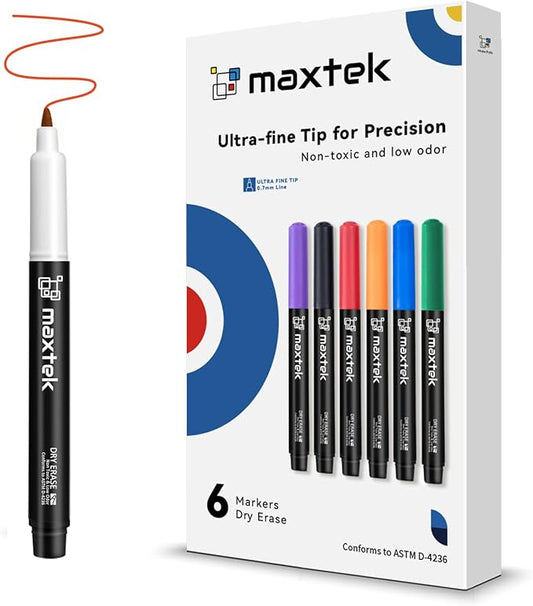 maxtek Dry Erase Markers Ultra Fine Tip, 0.7mm, Low Oror, Extra Fine Point Dry Erase Markers for Planning Whiteboard, Calendar Boards, 6 Count