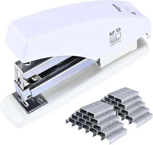 M&G Desk Effortless Stapler with 2000 Staples, 50 Sheets Capacity Heavy Duty Office Staplers, Jam Free, One Finger Touch Stapling Ergonomic Stapler for School Home Office Supplies (White)