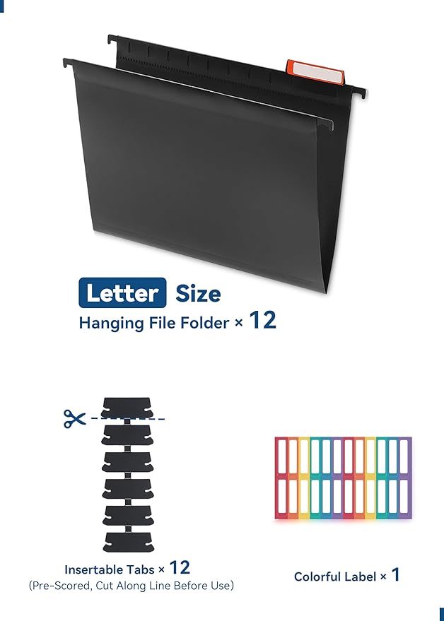 Plastic Hanging File Folders, Letter Size, 12 Pack Hanging Folders, with Insertable 1/5-Cut Tabs for Filing Cabinets - Black