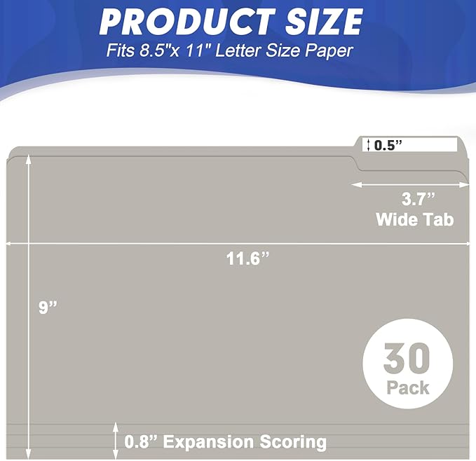 File Folder, HERKKA 30 Pack 1/3 Cut Tab File Folders, File Folders Great for Organizing and Filing, Letter Size, Grey