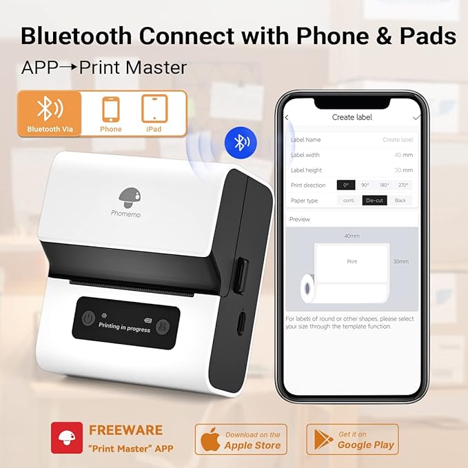 Phomemo Label Maker- M221 Address Label Printer 3’’ Portable Bluetooth Label Maker Machine for Barcode, Address, Logo, Mailing, Stickers, Small Business, Home, Office, White