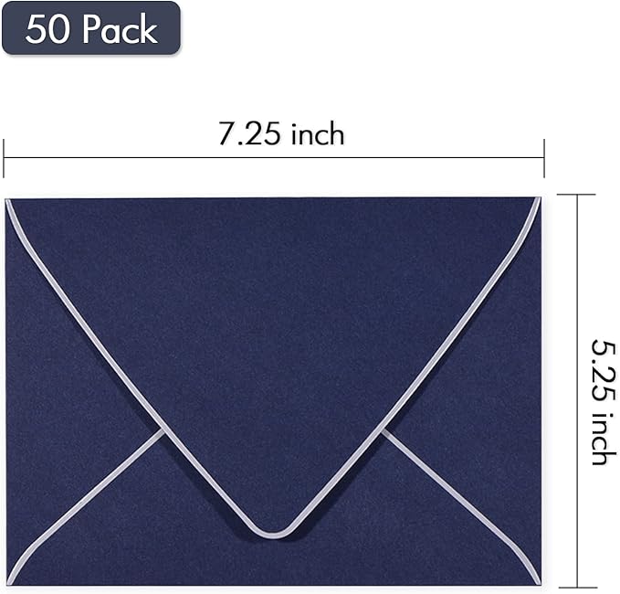 A7 Navy Envelopes With Silver Border, Invitation 5 x 7 Envelopes - 50 Pack For 5x7 Cards| Self Seal| Perfect for Weddings, Invitations, Photos, Baby Shower| 5.25 x 7.25inch (Nbole Blue-Silver Border)