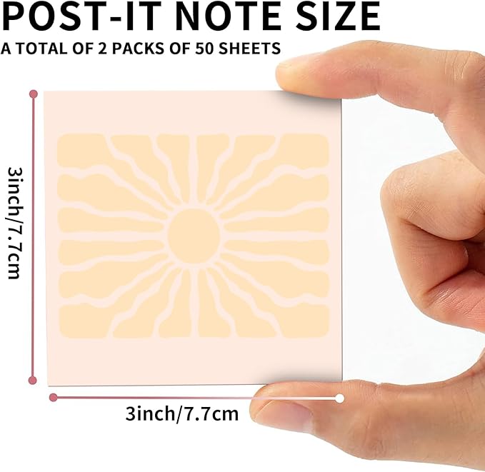 2 Pack Sticky Notes 3x3 Inches, Bright Cute Strong Sticking Power, Easy to Post for Home, Office, 80sheets/Pads, Abstract Sun