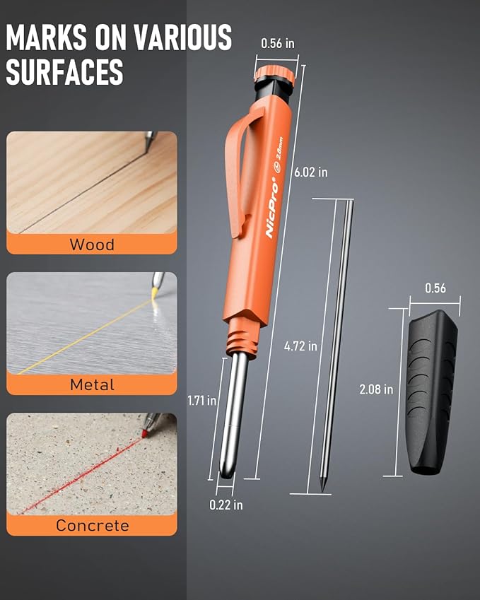 Nicpro Upgraded 3-IN-1 Carpenter Pencils Set with Finger Grip, 1Pcs Construction Pencil with 13 Refill & Mini Spirit Level, Deep Hole Marker Carpenter Tool, Mechanical Pencil for Architect Woodworking