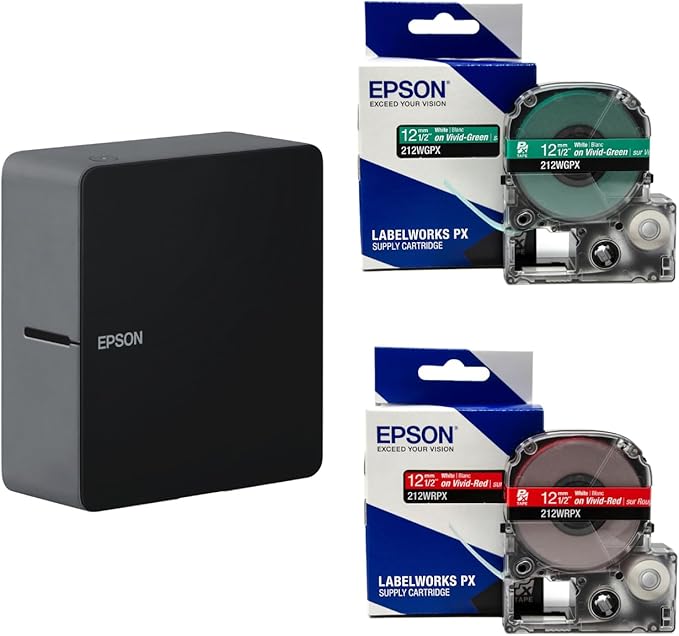 LABELWORKS Epson LW-C610PX-BLK Christmas Crafter Bundle - Label Maker and White on Red and White on Green Tape