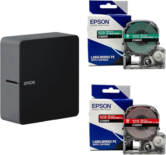 LABELWORKS Epson LW-C610PX-BLK Christmas Crafter Bundle - Label Maker and White on Red and White on Green Tape