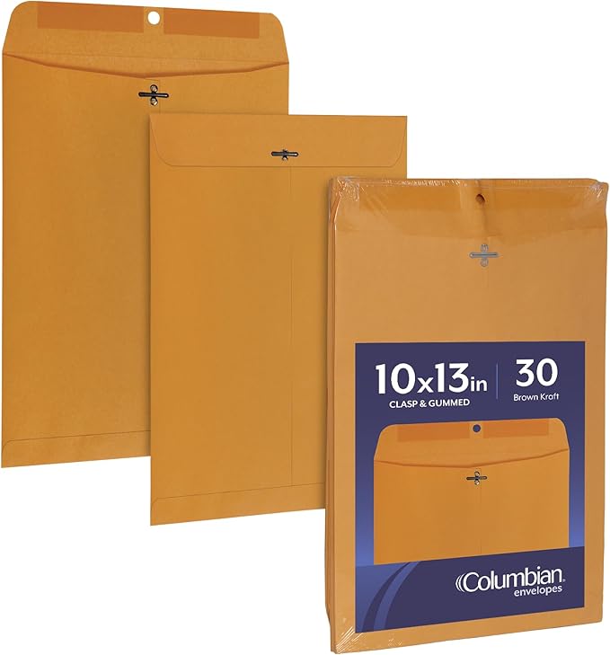 Columbian 10 x 13 Clasp Envelopes, Gummed, 28 lb Brown Kraft, for Mailing Flat Letter Size Documents or Photos, Bulk Pack, 30 Per Pack (COLO405)
