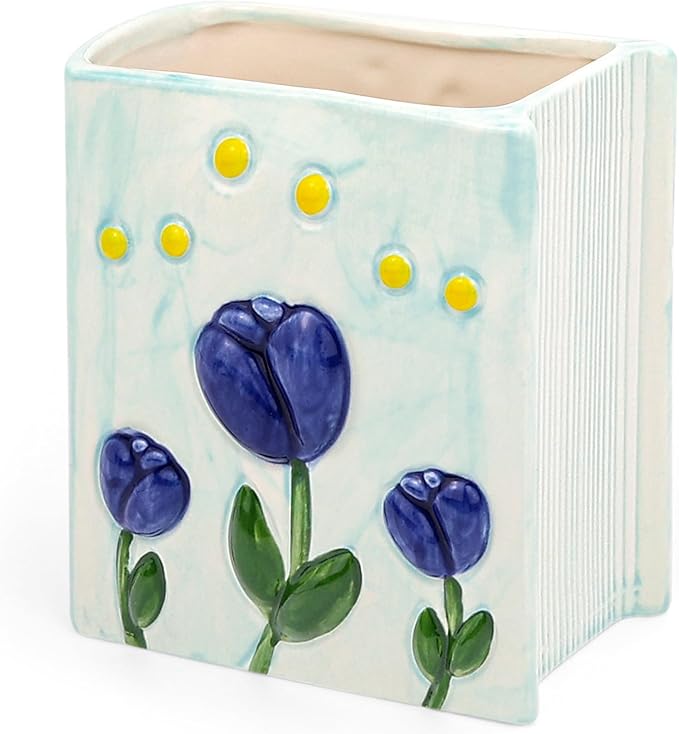 Book Vase Tulip Pencil Cup Pen Holder For Office Desk Decorative Books Blue Flower Vase Cute Toothbrush Holders Home Decor Teacher Book Gifts for Women Small Makeup Brushes Holder