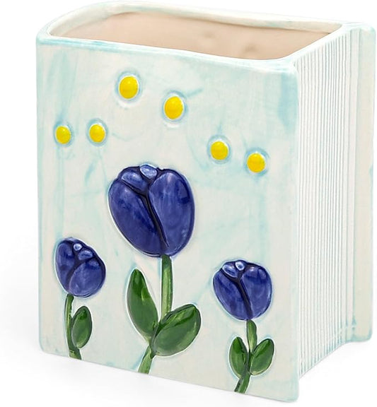 Book Vase Tulip Pencil Cup Pen Holder For Office Desk Decorative Books Blue Flower Vase Cute Toothbrush Holders Home Decor Teacher Book Gifts for Women Small Makeup Brushes Holder