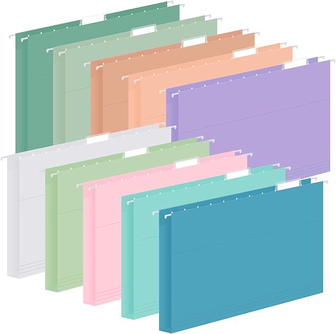 10 Pack Hanging File Folders, Letter Size with 1/5-Cut Adjustable Tabs, Pastel 10 Selected Color - File Folder Organizer for Filing Cabinet Office Home, Designed for Bulky Files, Medical Charts