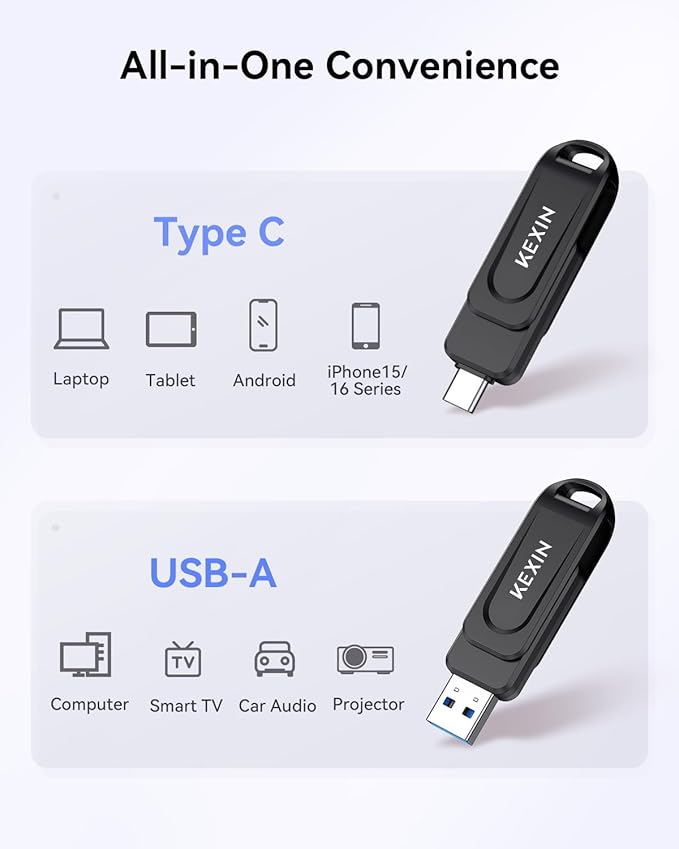 KEXIN USB C Flash Drive 512GB Thumb Drive 100MB/s Swivel Dual USB Drive 3.0 USB-A & Type-C Jump Drive for Smartphone Tablet iPhone 15/16 Car Game Console, 512GB Black