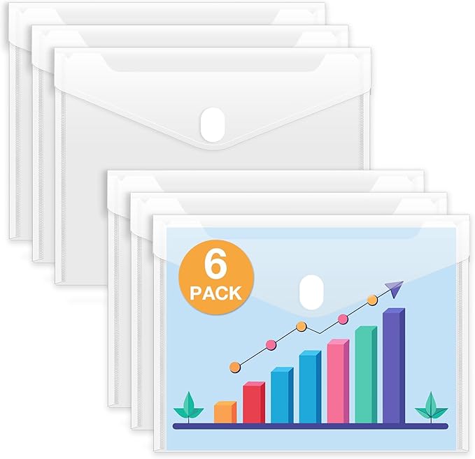 Sooez 6 Pack Plastic Envelopes File Folders, Rainforced Clear Folder Important Document Organizer, A4 Letter Size Bill Receipt Paper Holder Organizer Folder with Closure for School Office