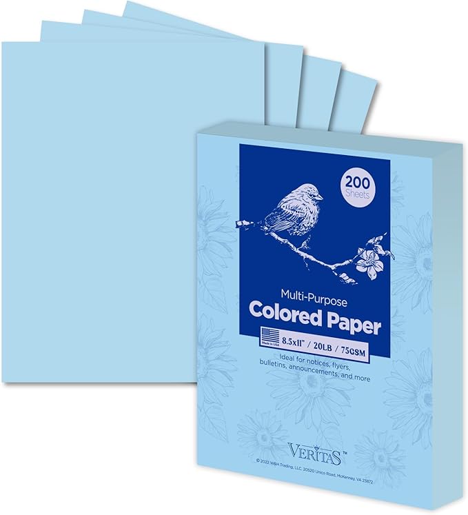Veritas Color Copy Paper,Multi-Purpose paper,Colored Printer Paper 8.5” x 11”, 20 lb / 75 GSM,Blue,200 Sheets (1 Reams)，Made in USA