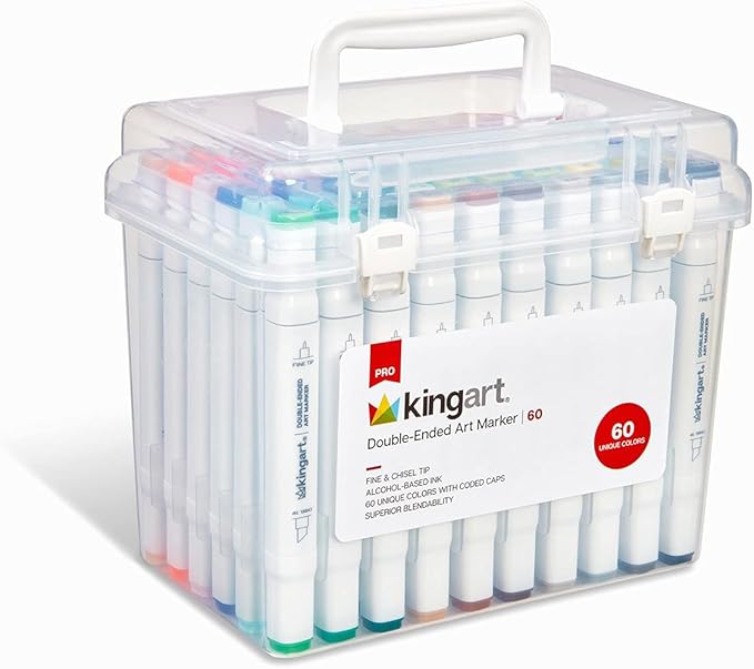 KINGART 424-60 PRO Double-Ended Alcohol Ink Art Markers, 60 COLORS, Fine Point & Chisel Tips, Permanent with Superior Blendability, Includes Plastic Case, 60 Pc.