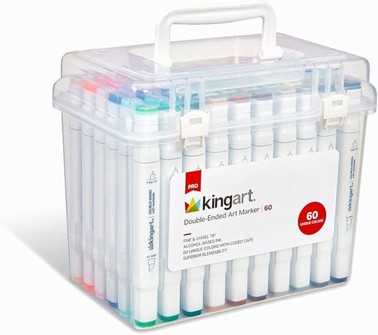 KINGART 424-60 PRO Double-Ended Alcohol Ink Art Markers, 60 COLORS, Fine Point & Chisel Tips, Permanent with Superior Blendability, Includes Plastic Case, 60 Pc.