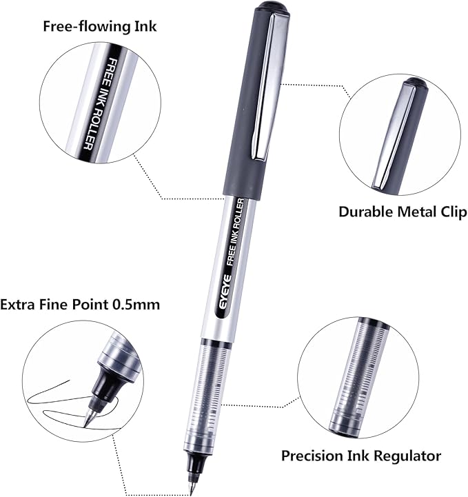 EYEYE Rollerball Pens 0.5mm Black 50 Pack, Extra Fine Point Quick Dry Liquid Ink Roller Ball Pens Fine Point Smooth Writing Pen for Journaling, Note Taking, Office, School Supplies