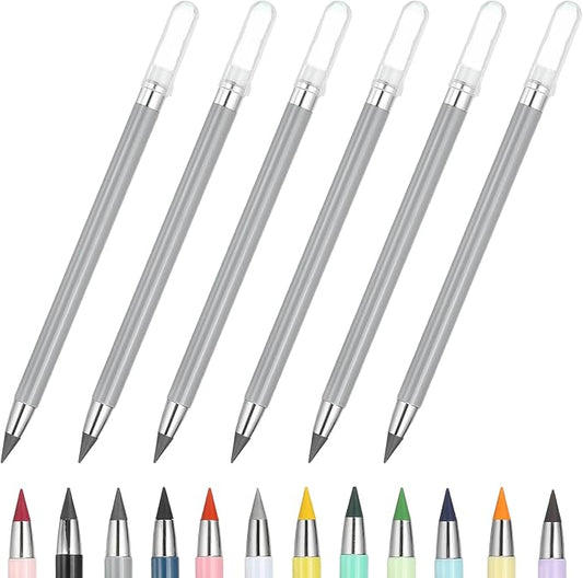 PATIKIL Forever Pencil, 6 Pcs Mechanical Sharpened Cute Metal Pencils Set for Coloring Book Sketch Drawing Writing Art Beginner, Grey
