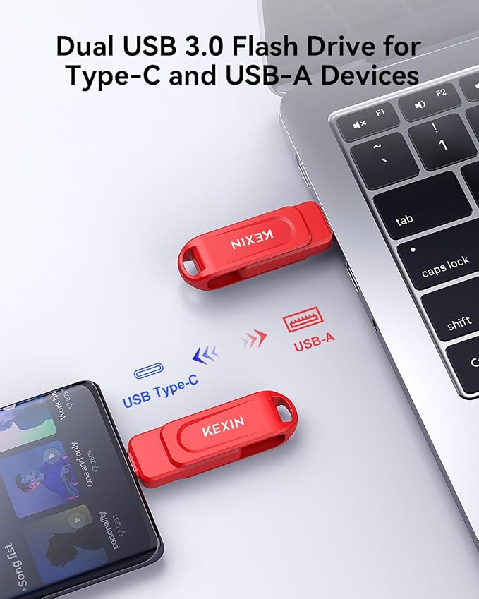KEXIN 128GB USB C Flash Drive Dual USB Drive 3.0 USB-A & Type-C Thumb Drive Up to 100MB/s Swivel for Smartphone Tablet iPhone 15/16 Car Game Console, 128GB Red