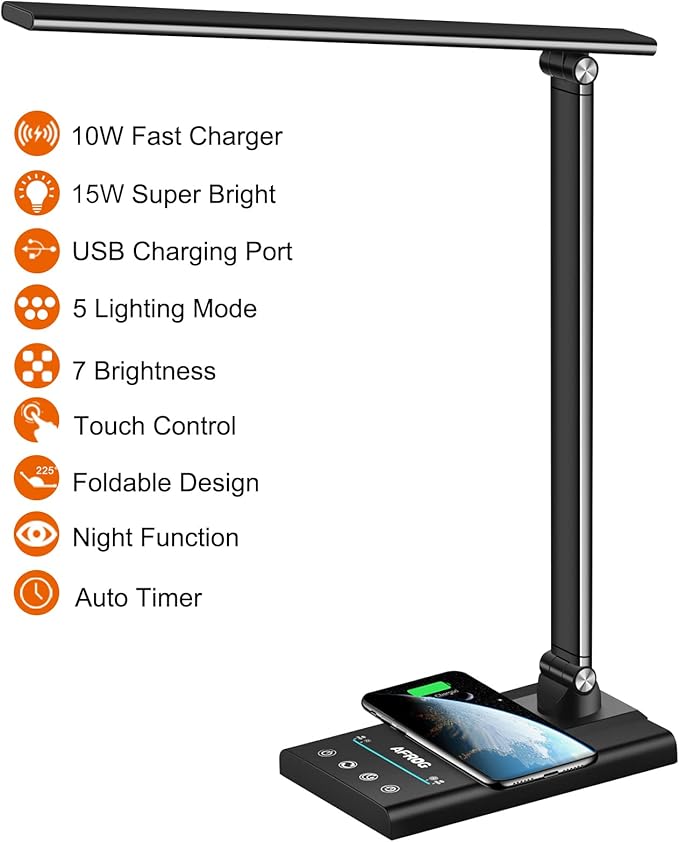 AFROG 5th Gen Multifunctional LED Desk Lamp with 10W Fast Wireless Charger, USB Charging Port,1800Lux Super Bright,5 Lighting Mode,7 Brightness, Touch Control, Auto Timer, 15W Office Table Lamp