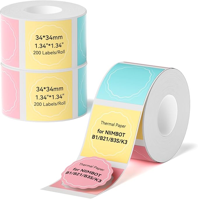 NIIMBOT Thermal Label Maker Tape 34×34mm Color Label Paper Compatible for NIIMBOT B1 B21 B31 B3S K3, Thermal Sticker Paper 1.33" x 1.33" Waterproof Labeling Tape Replacement, 3 Packs Color