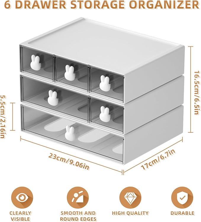 Marbrasse Desk Organizer with 6 Drawers, 3 Tier Stackable Storage Drawers Plastic Makeup Storage, Office Organizers and Storage, Desk Storage Box for Office, School, Home