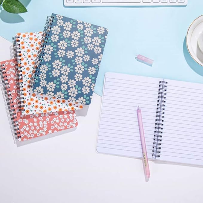 4 Pack Spiral Notebooks 5×7 Inch College Ruled Small Journals Hardcover Floral Cute Note Book for School Supplies Studio Girls Women, Inner Pocket, 80 Sheets/160 Pages