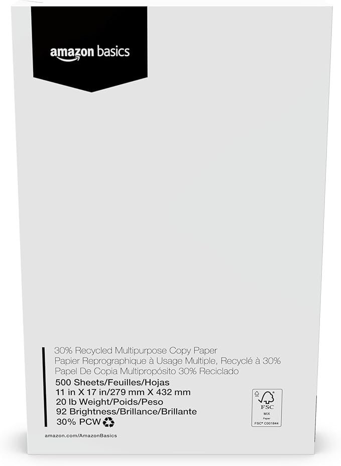 Amazon Basics 30% Recycled Multipurpose Copy Printer Paper, 11 x 17 Inches, 20 lb, 5 Ream, (2,500 Sheets), 92 Bright, White
