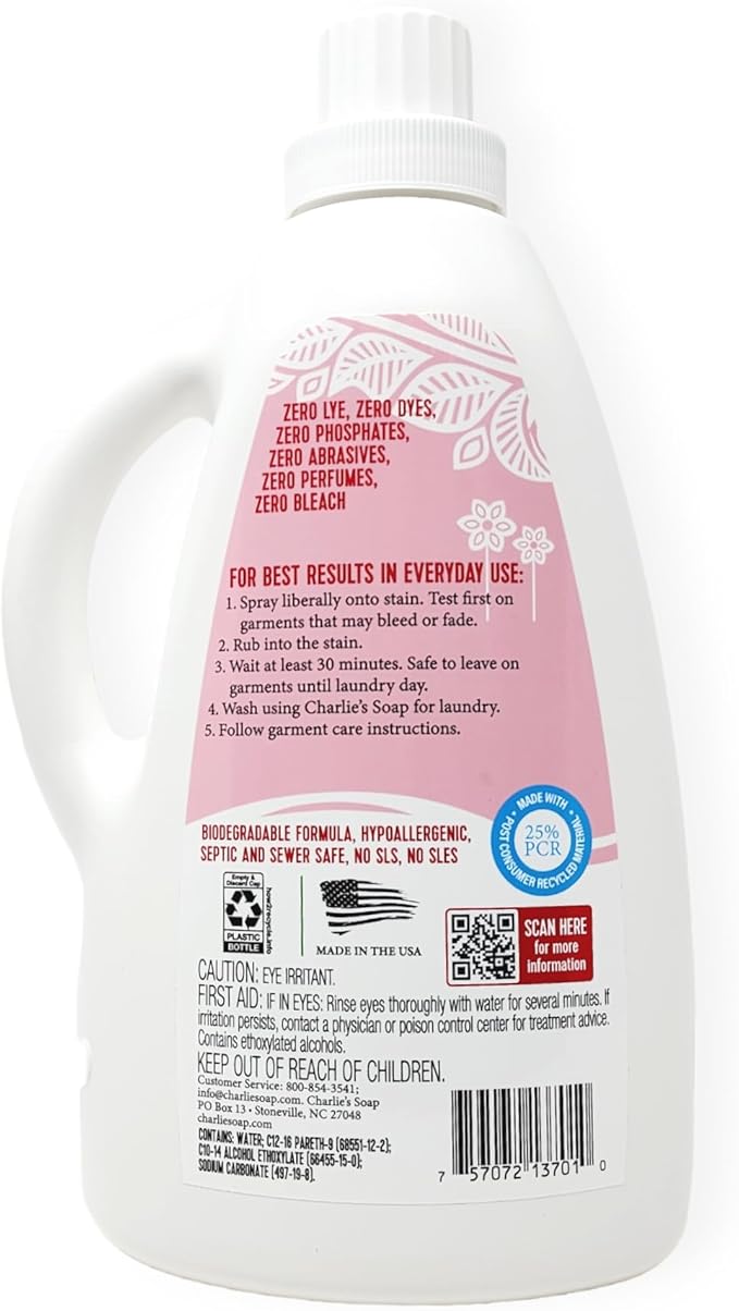 Charlie’s Soap Laundry Pre-Spray Stain Remover Refill Kit (91.9 fl oz), Natural Laundry Pretreat and Stain Remover (2 Pack - One 16.9oz Sprayer and One 75oz Refill)