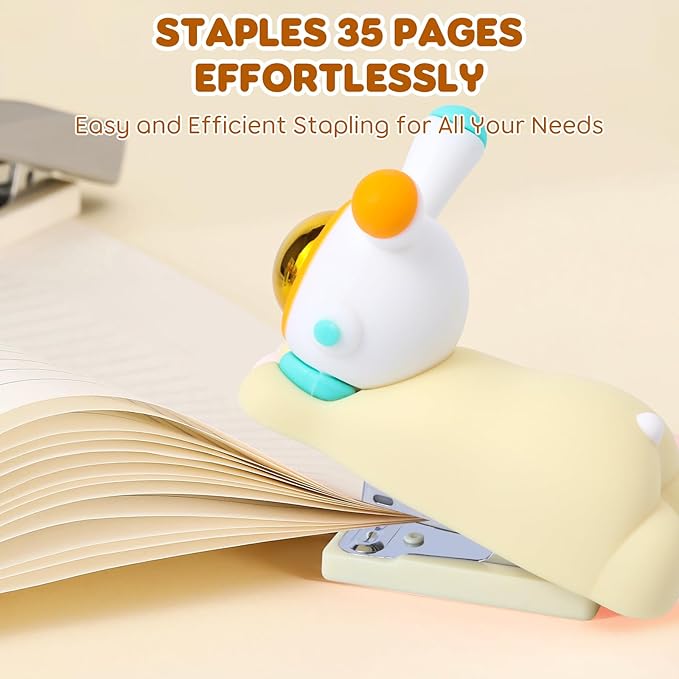 Honagu Cute Stapler, Cartoon Stereoscopic Silicone Stapler, Labor-Saving Office Supplies, Desktop Stationery Gift for Students Kids (Long Ear Milky White)