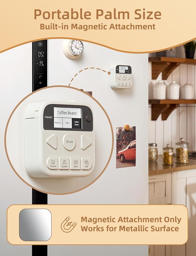 Makeid Label Maker Machine with Tape, S1 Pro Bluetooth LCD Display Labeler, One-Click Quick Print Inkless Magnetic Label Printer for Kitchen Home School Office Organization